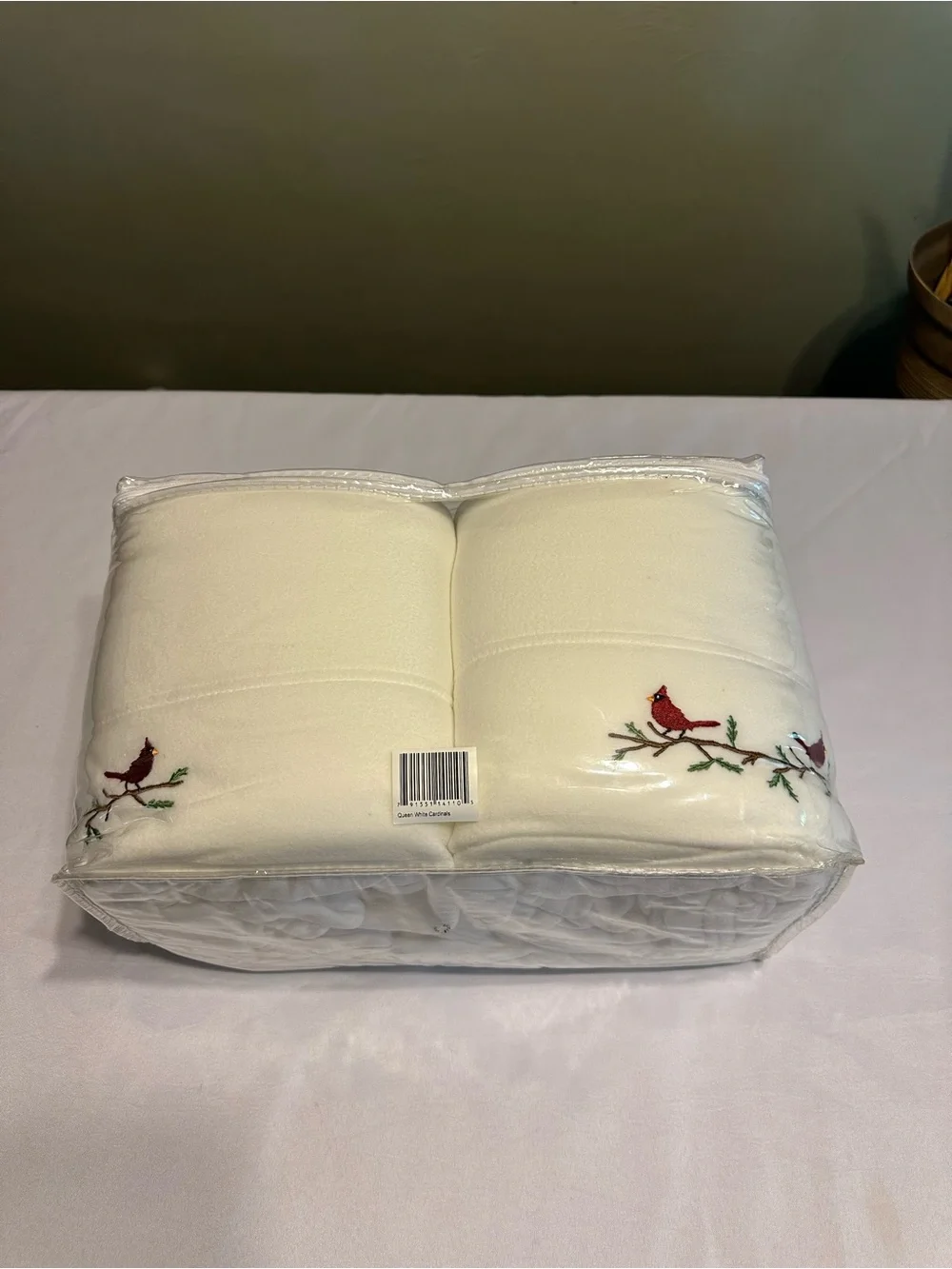 Berkshire Embroidered Polarfleece Sheet Set in White with Red Cardinal